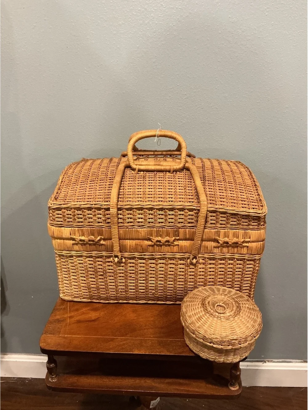 Vintage Wicker Picnic Basket with Handles Large Hinged Lid